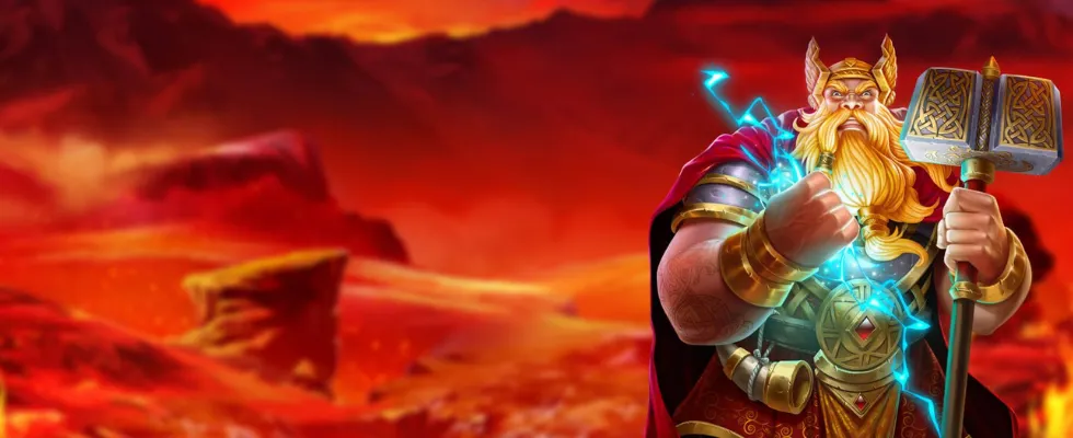 Bannière promotionnelle du Thor Casino affichant le bonus de bienvenue avec des pièces d'or et des symboles mythologiques.